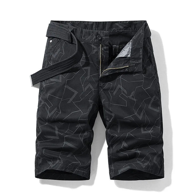 Geometric print straight casual shorts for men in Japanese style, five colours including khaki and black, sizes 30-38