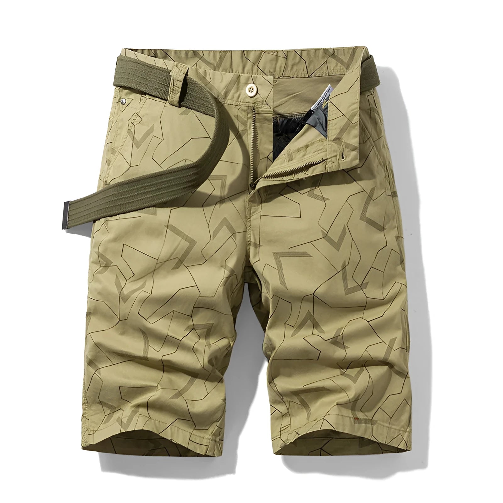 Geometric print straight casual shorts for men in Japanese style, five colours including khaki and black, sizes 30-38