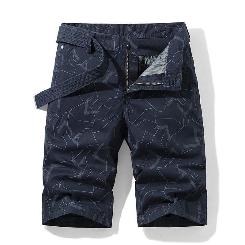 Geometric print straight casual shorts for men in Japanese style, five colours including khaki and black, sizes 30-38