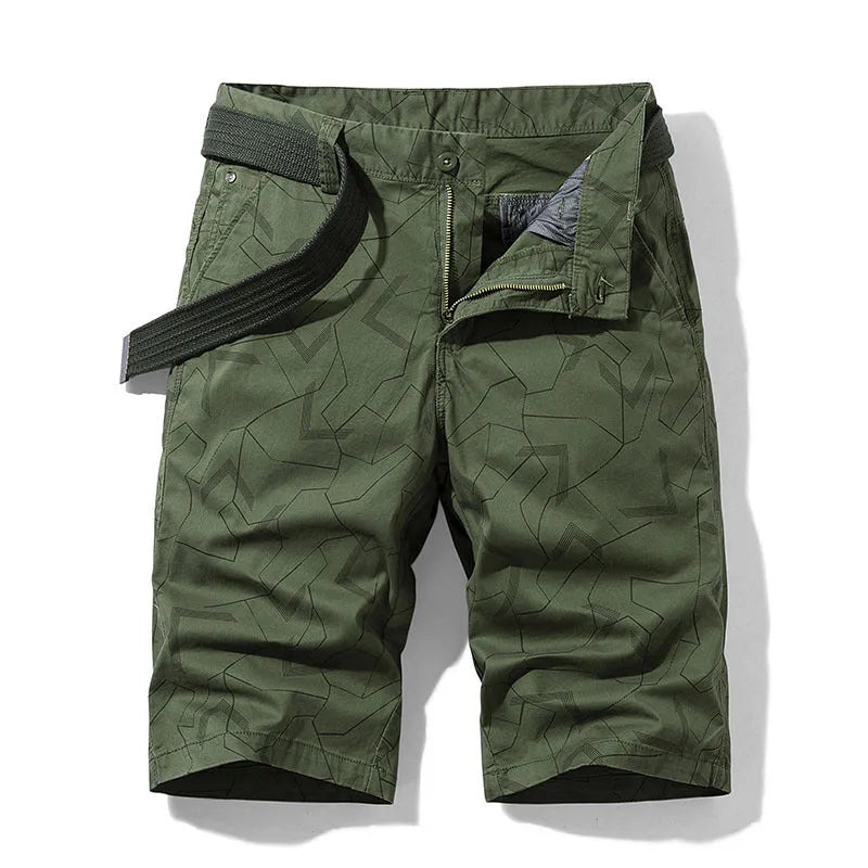 Geometric print straight casual shorts for men in Japanese style, five colours including khaki and black, sizes 30-38