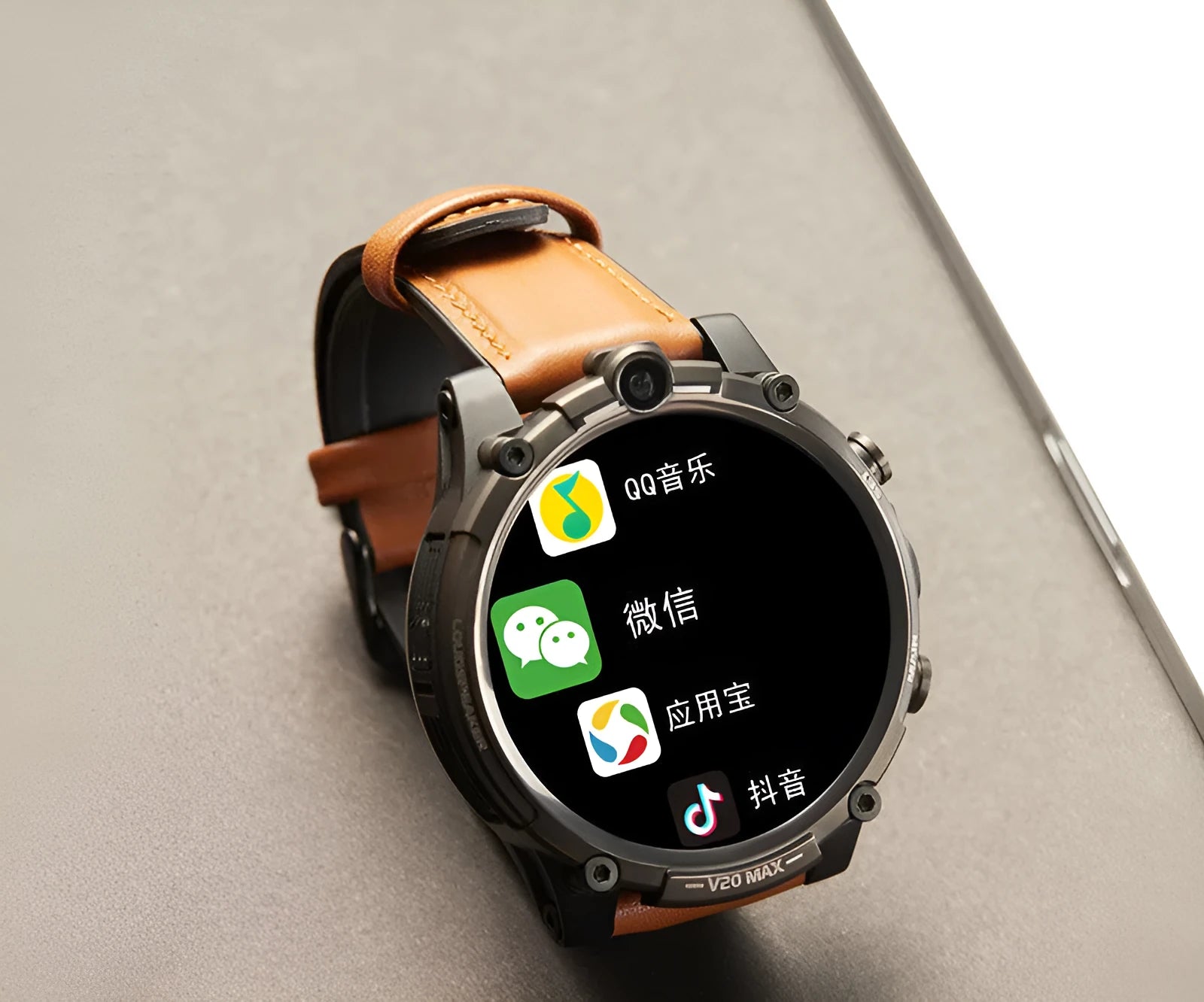 Black smart phone watch with 1.6-inch screen, dual cameras, and wrist strap showing 4G connectivity and touch interface