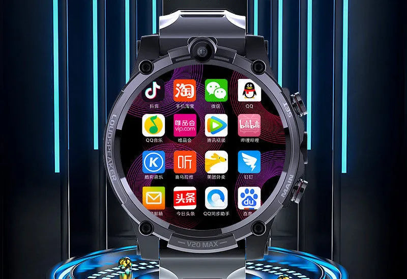 Black smart phone watch with 1.6-inch screen, dual cameras, and wrist strap showing 4G connectivity and touch interface