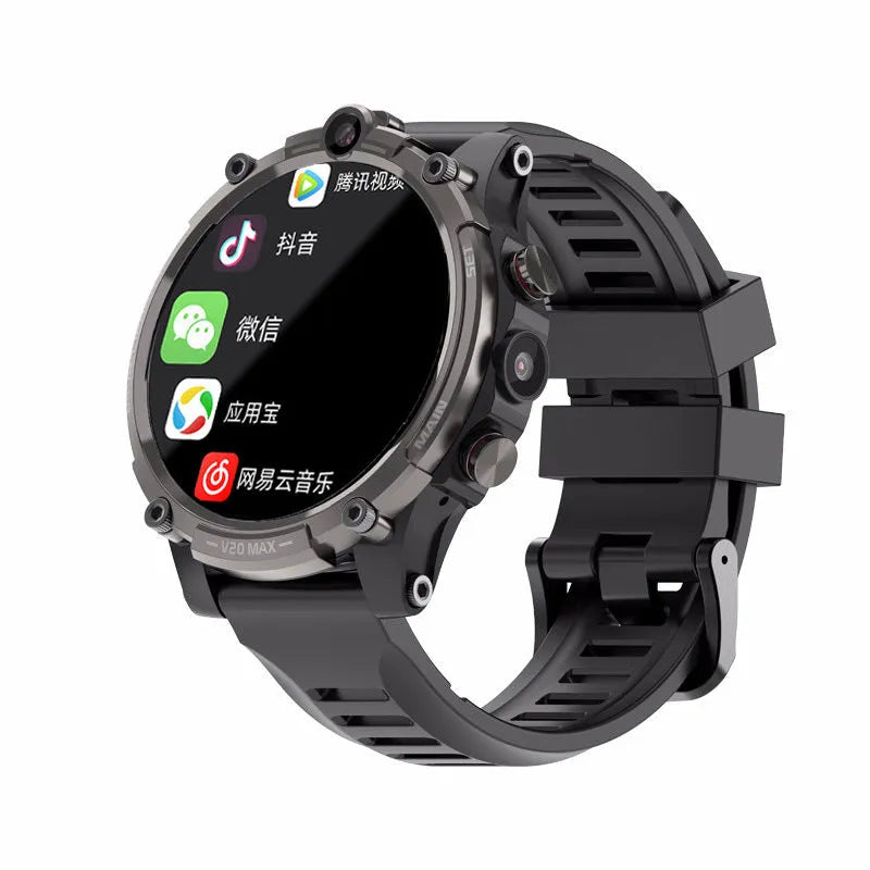 Black smart phone watch with 1.6-inch screen, dual cameras, and wrist strap showing 4G connectivity and touch interface