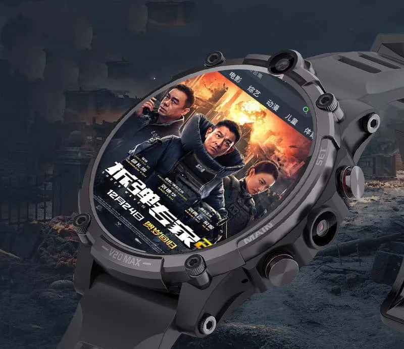 Black smart phone watch with 1.6-inch screen, dual cameras, and wrist strap showing 4G connectivity and touch interface