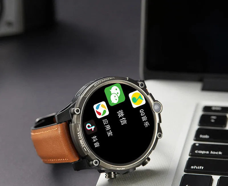 Black smart phone watch with 1.6-inch screen, dual cameras, and wrist strap showing 4G connectivity and touch interface