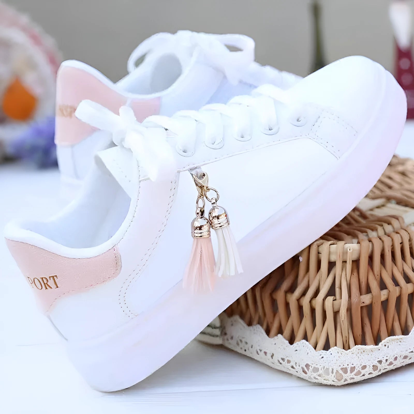 White women's mesh fashion trainers with lace-up front and flat rubber sole.