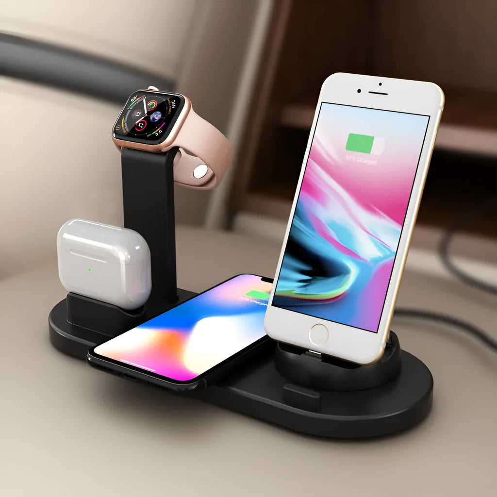 Three-in-one wireless charging bracket for Apple devices in black or white with USB input