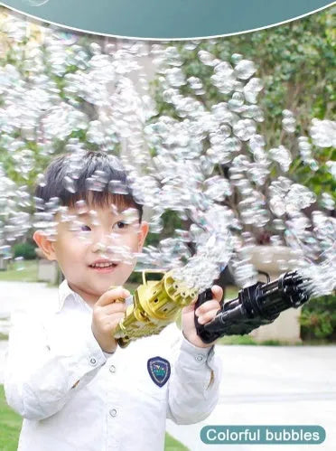 Children's bubble machine gun toy in pink, gold, or black colours with battery compartment and bubble solution.