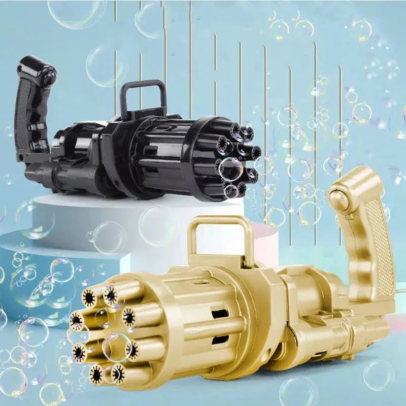 Children's bubble machine gun toy in pink, gold, or black colours with battery compartment and bubble solution.
