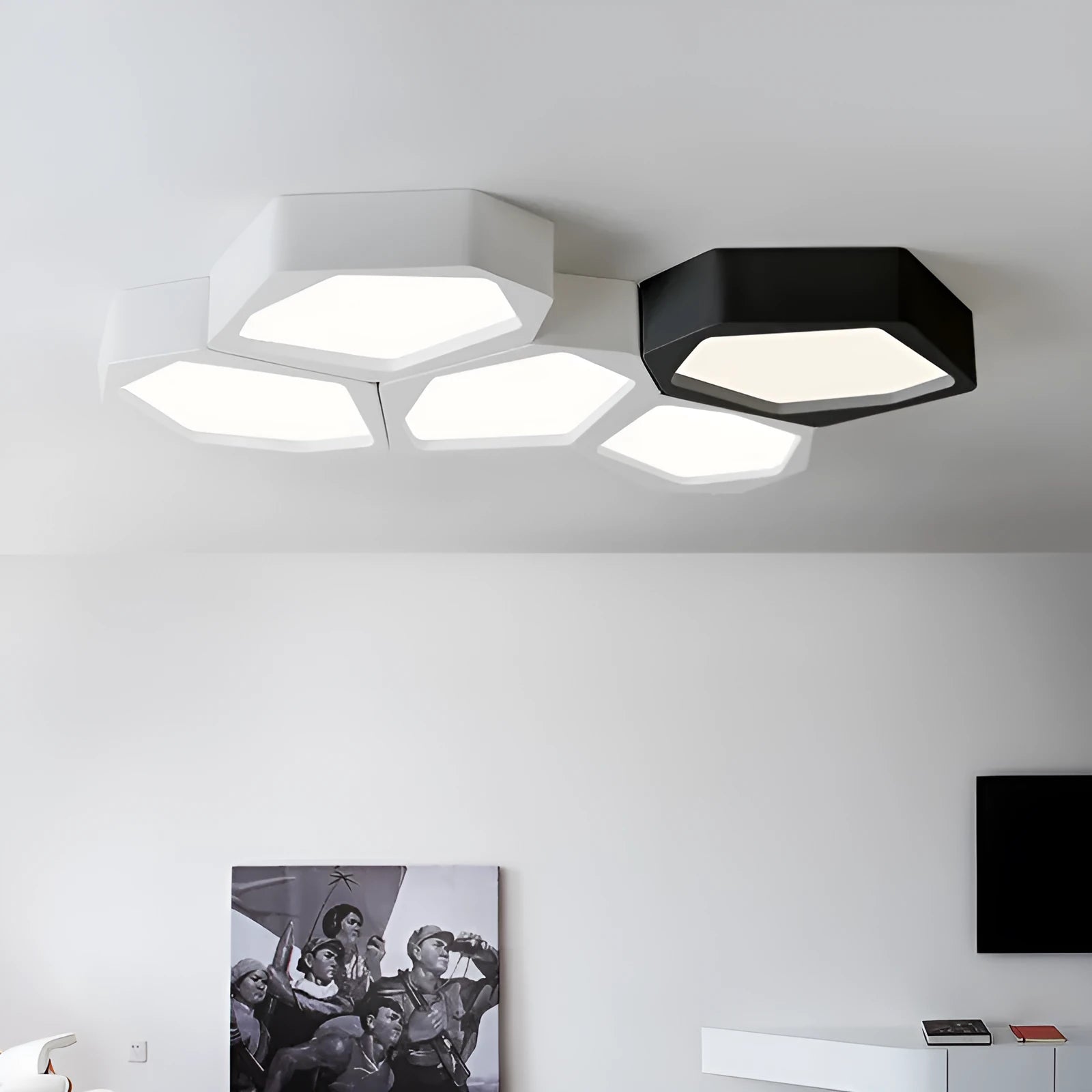 Geometric shaped LED light with iron shade and remote control for living room and bedroom illumination
