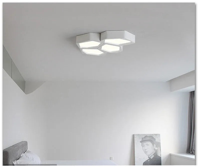 Geometric shaped LED light with iron shade and remote control for living room and bedroom illumination