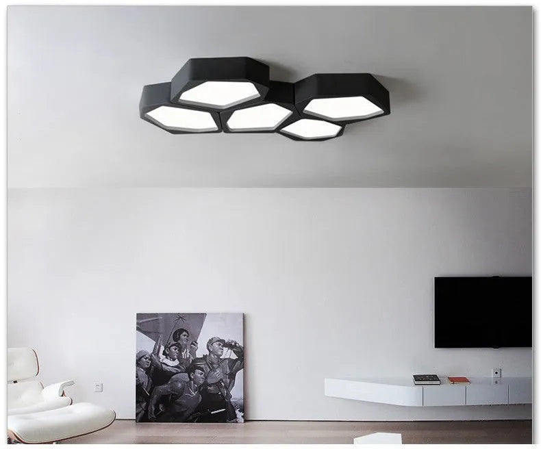 Geometric shaped LED light with iron shade and remote control for living room and bedroom illumination