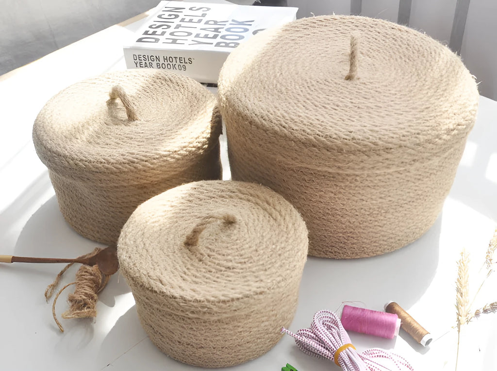 Japanese linen fabric storage basket with dustproof cover in three size options