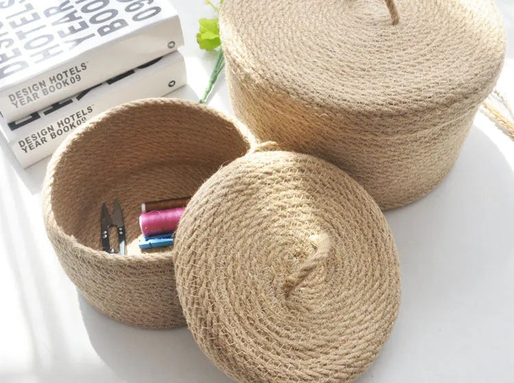 Japanese linen fabric storage basket with dustproof cover in three size options