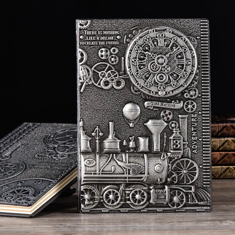 European relief retro notepad with embossed leather cover in metallic colour