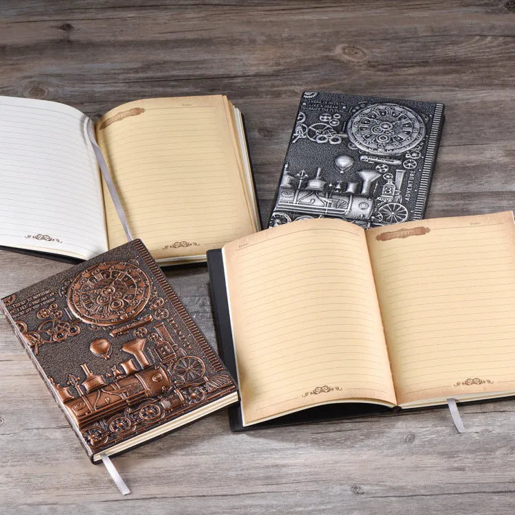 European relief retro notepad with embossed leather cover in metallic colour