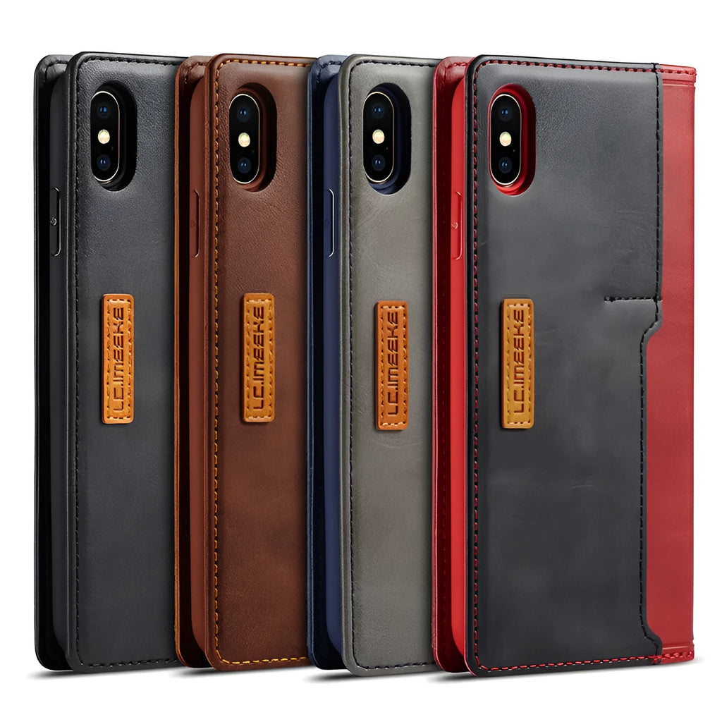 Black leather wallet phone case for iPhone with flip cover open, showing card slots inside.