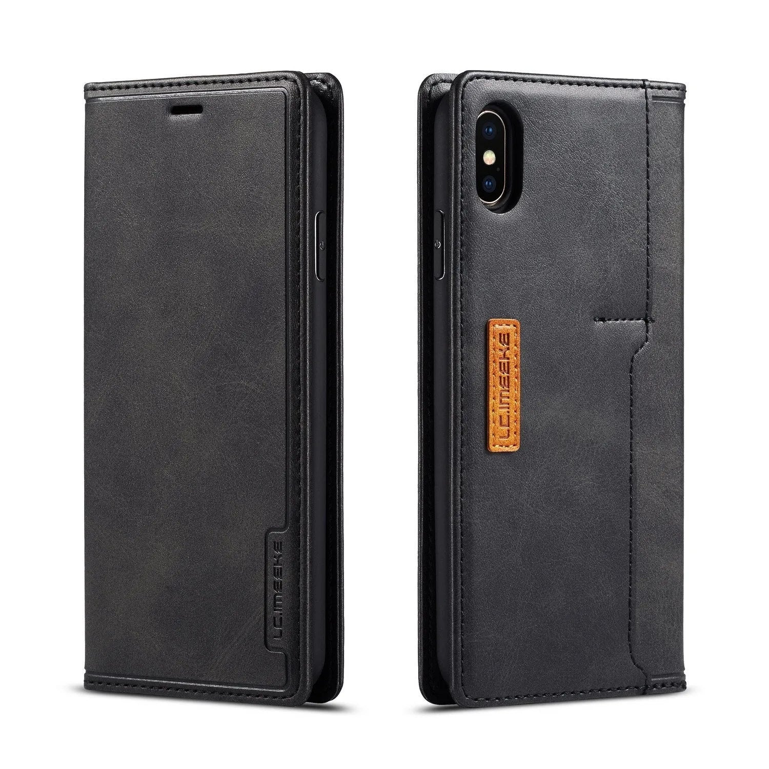 Black leather wallet phone case for iPhone with flip cover open, showing card slots inside.