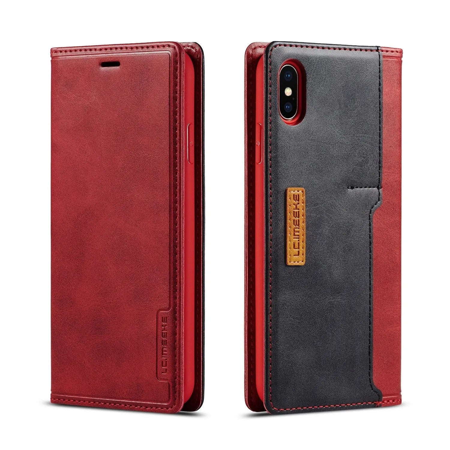 Black leather wallet phone case for iPhone with flip cover open, showing card slots inside.