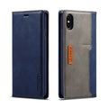 Black leather wallet phone case for iPhone with flip cover open, showing card slots inside.
