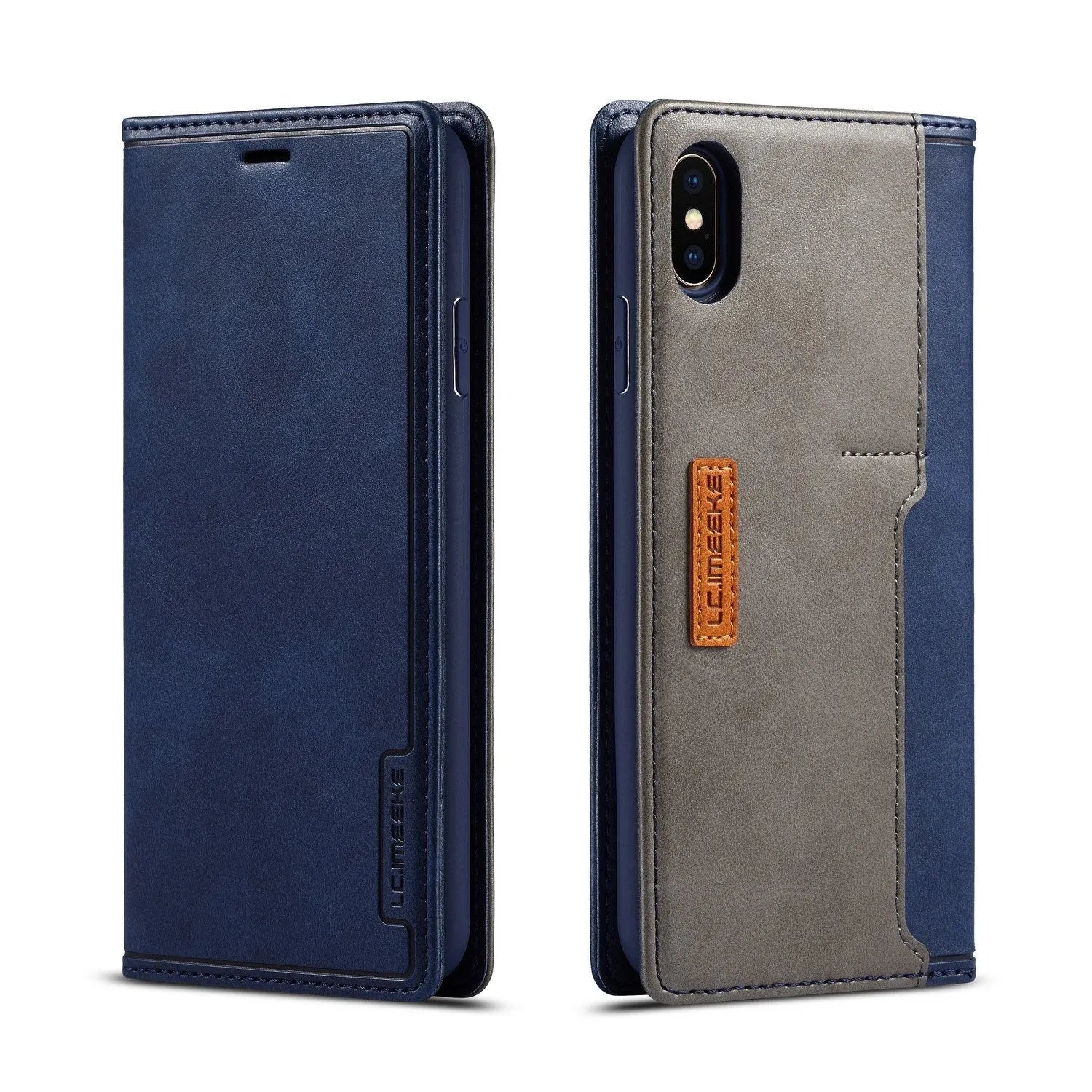 Black leather wallet phone case for iPhone with flip cover open, showing card slots inside.