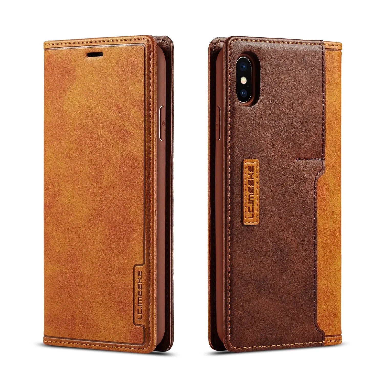 Black leather wallet phone case for iPhone with flip cover open, showing card slots inside.