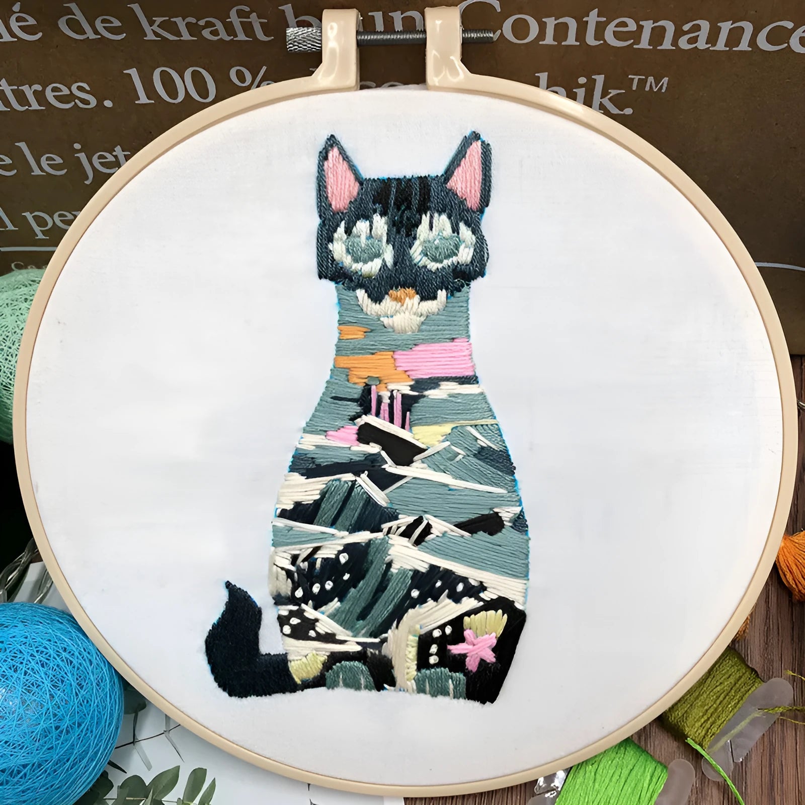 DIY three-dimensional European cross stitch embroidery kit featuring cat designs on cotton fabric with embroidery hoop