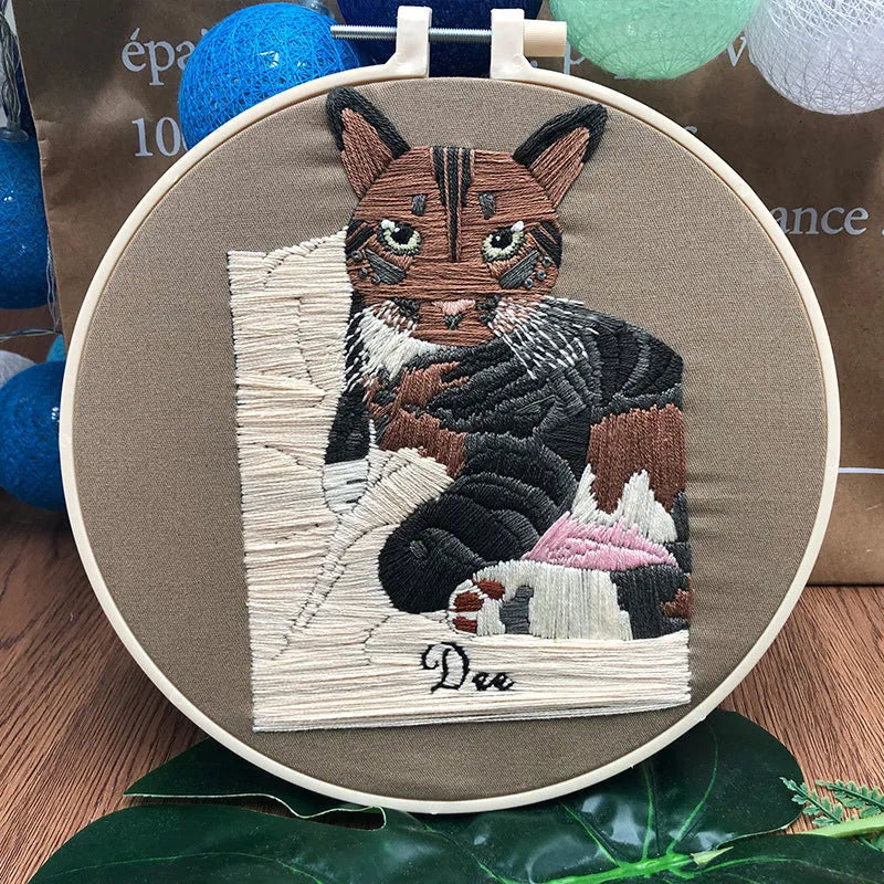 DIY three-dimensional European cross stitch embroidery kit featuring cat designs on cotton fabric with embroidery hoop
