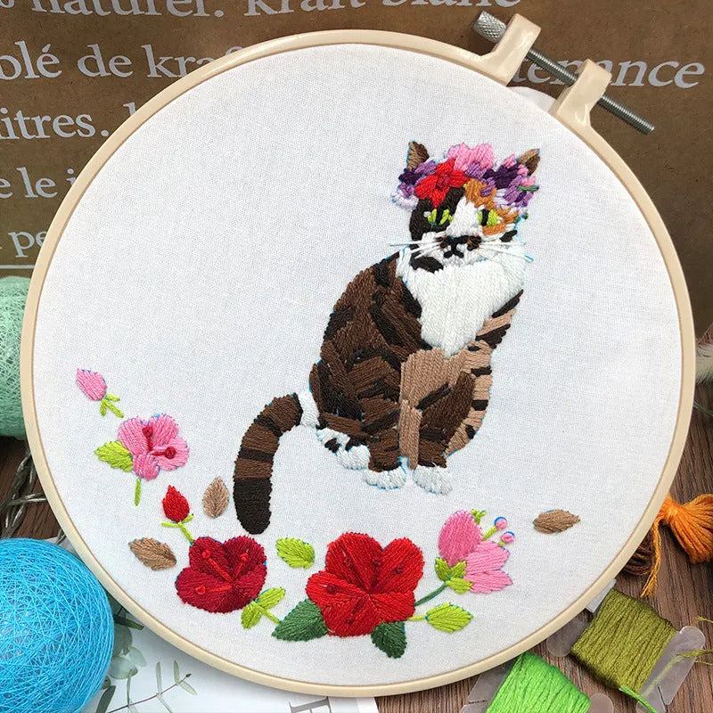 DIY three-dimensional European cross stitch embroidery kit featuring cat designs on cotton fabric with embroidery hoop