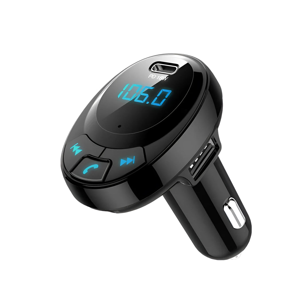 Black car Bluetooth MP3 transmitter with digital display and dual USB charging ports