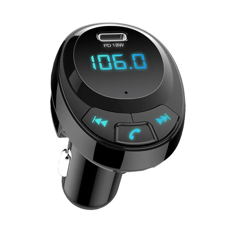 Black car Bluetooth MP3 transmitter with digital display and dual USB charging ports