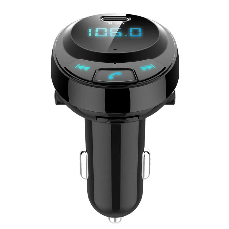 Black car Bluetooth MP3 transmitter with digital display and dual USB charging ports