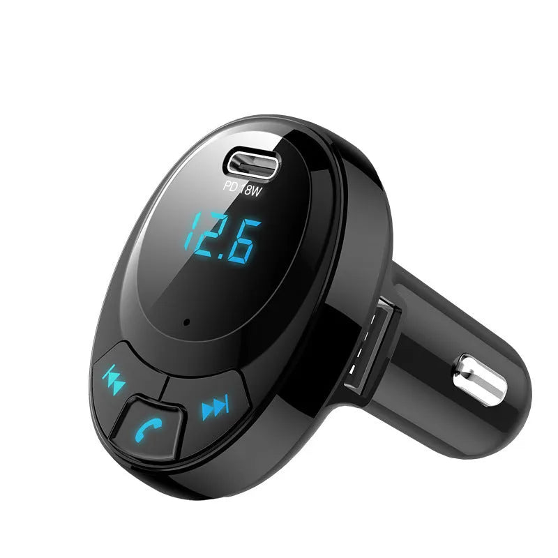 Black car Bluetooth MP3 transmitter with digital display and dual USB charging ports