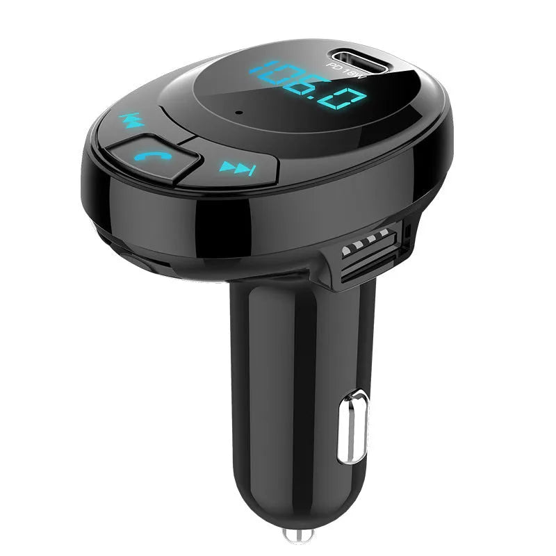 Black car Bluetooth MP3 transmitter with digital display and dual USB charging ports