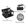 Black miniature precision table saw with sliding cutting table and 110mm diameter blade