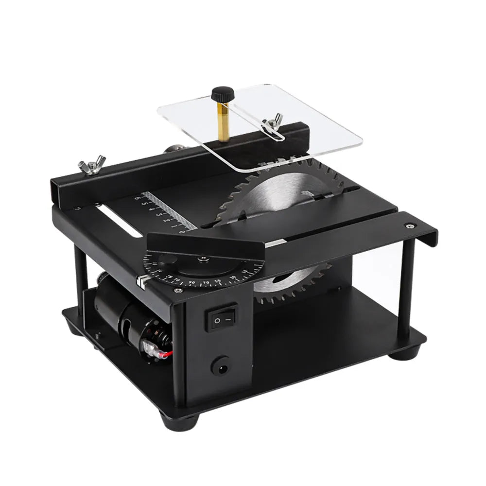 Black miniature precision table saw with sliding cutting table and 110mm diameter blade
