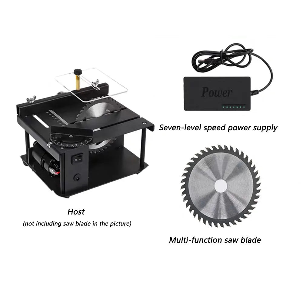 Black miniature precision table saw with sliding cutting table and 110mm diameter blade