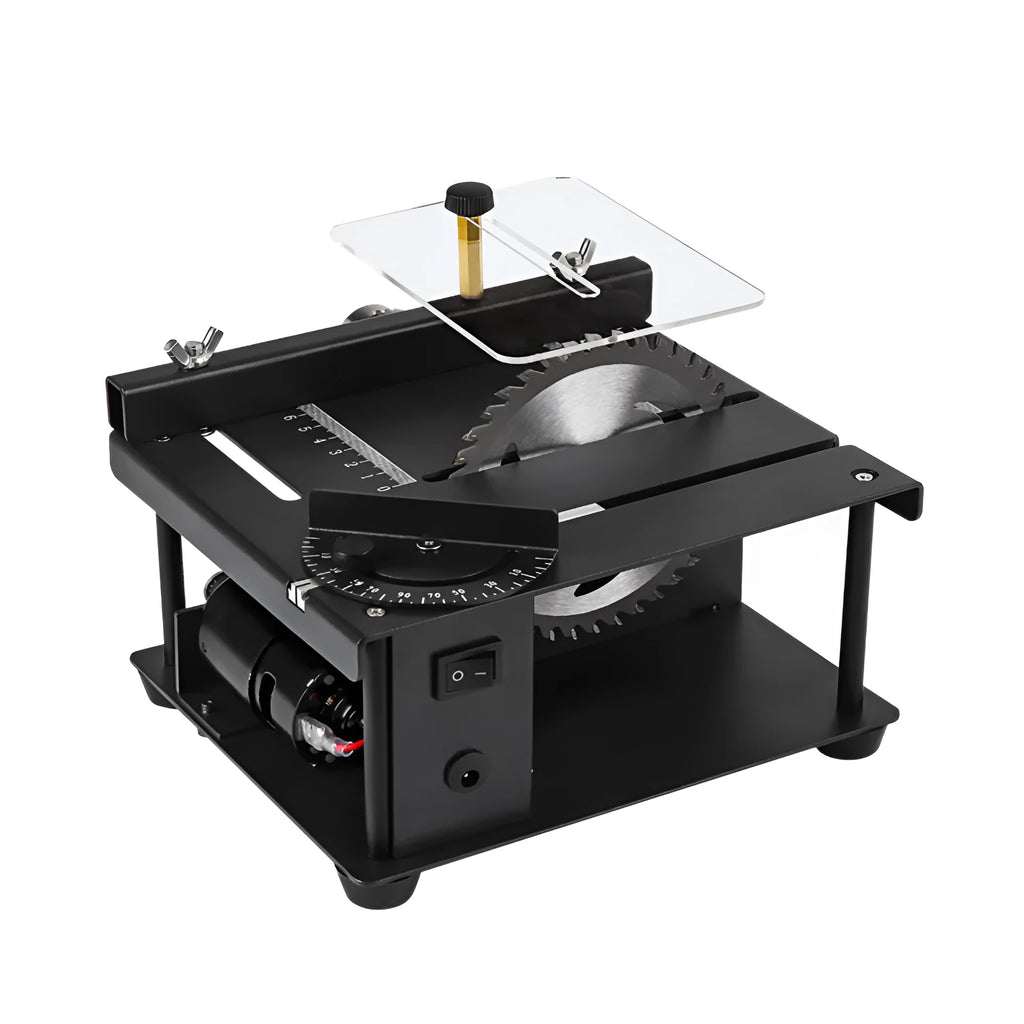 Black miniature precision table saw with sliding cutting table and 110mm diameter blade