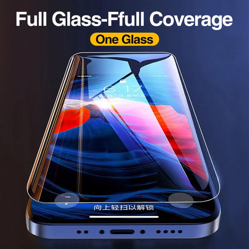 Four transparent tempered glass screen protectors for Apple iPhones on a clean surface.