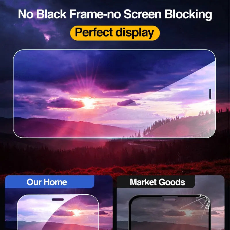 Four transparent tempered glass screen protectors for Apple iPhones on a clean surface.