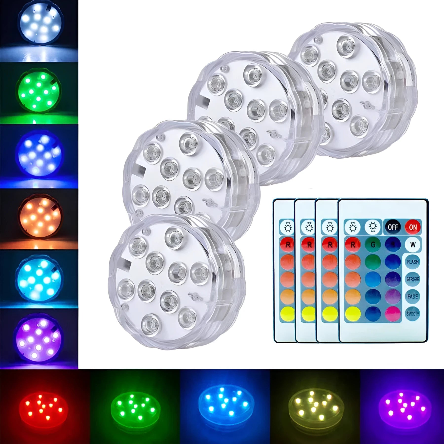 White circular IP68 waterproof RGB LED light with remote control for pools and gardens.