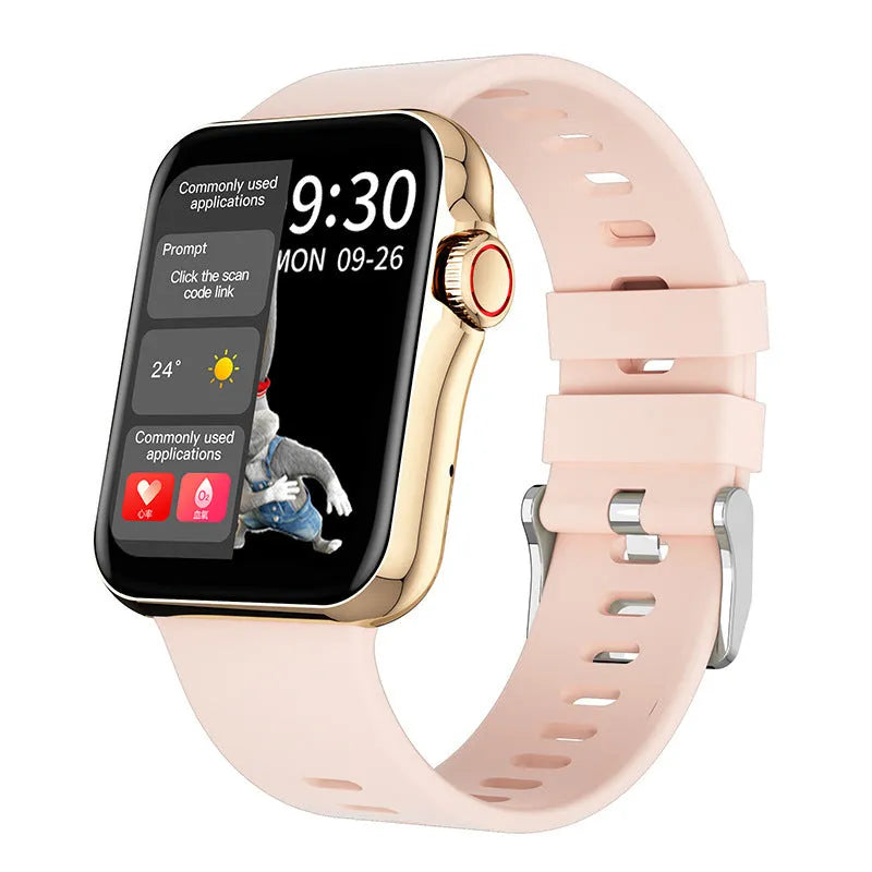 D06 colour screen Bluetooth smartwatch with call function on a liquid silicone strap, shown in black, blue, grey, or pink.