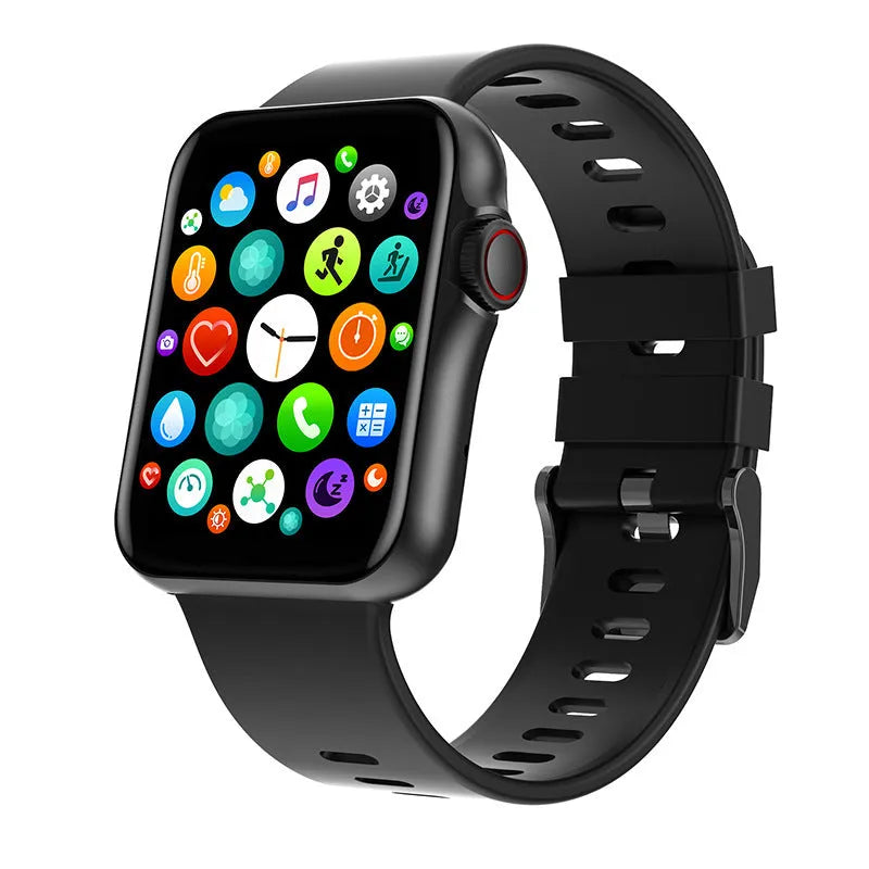 D06 colour screen Bluetooth smartwatch with call function on a liquid silicone strap, shown in black, blue, grey, or pink.