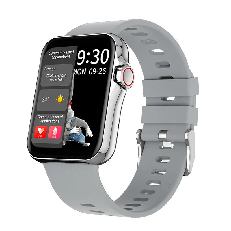 D06 colour screen Bluetooth smartwatch with call function on a liquid silicone strap, shown in black, blue, grey, or pink.