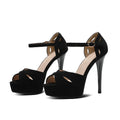 Black women's stiletto platform sandals with fish mouth toe, suede upper, and Roman style design.