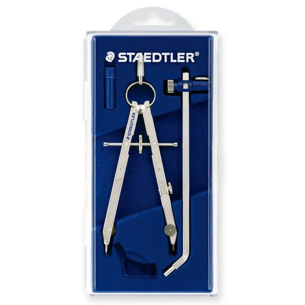 STAEDTLER 551 01 steel precision car compass with extended telescopic rod on technical drawing.