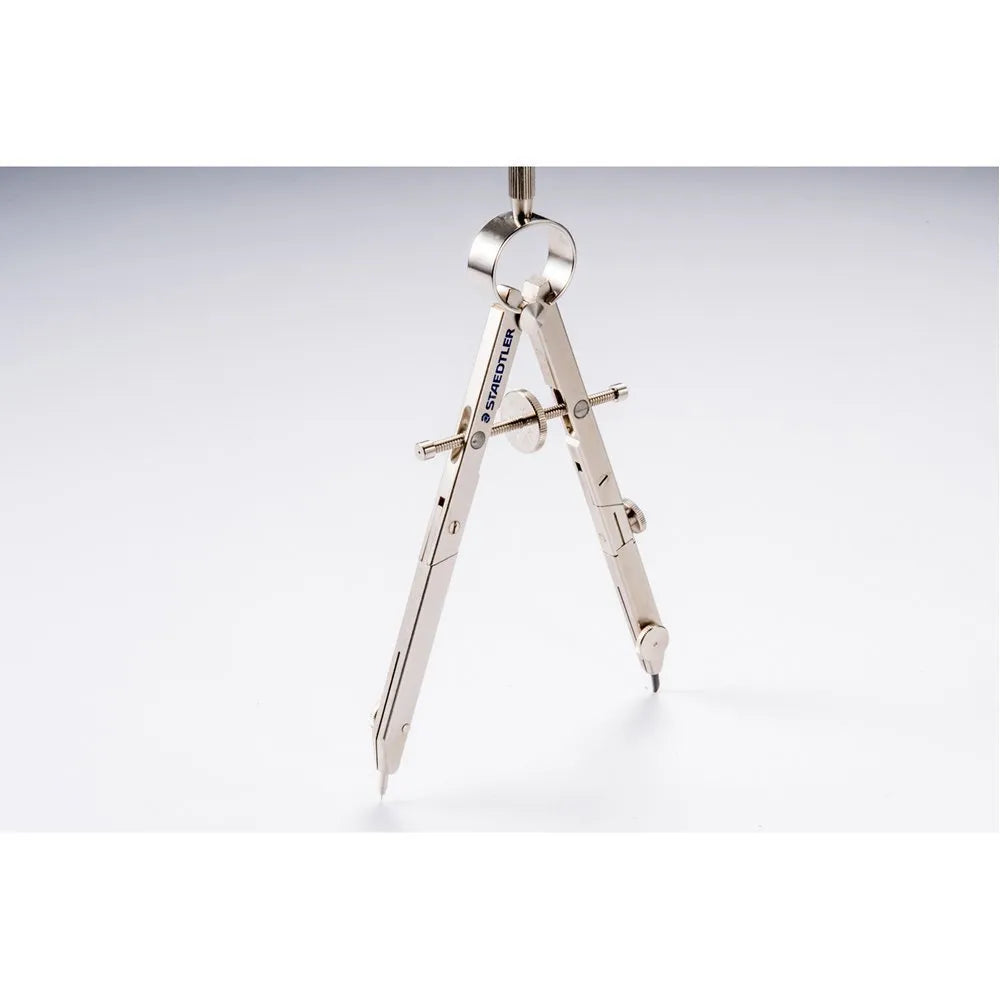 STAEDTLER 551 01 steel precision car compass with extended telescopic rod on technical drawing.