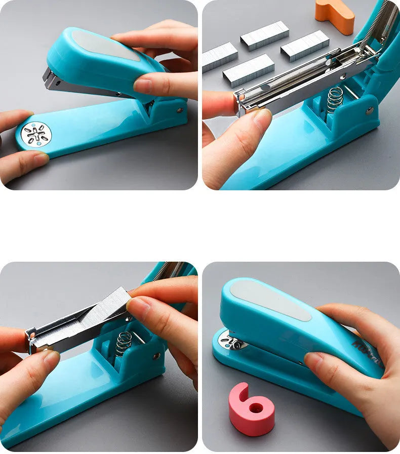 360-degree rotatable student stapler in multiple colours on a desk with paper