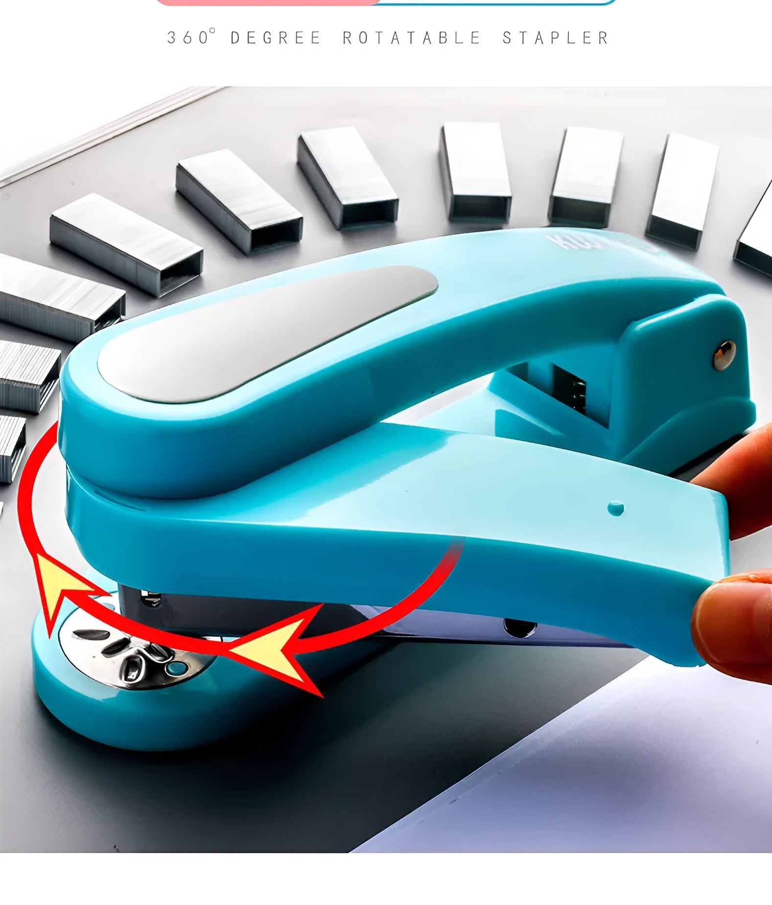 360-degree rotatable student stapler in multiple colours on a desk with paper