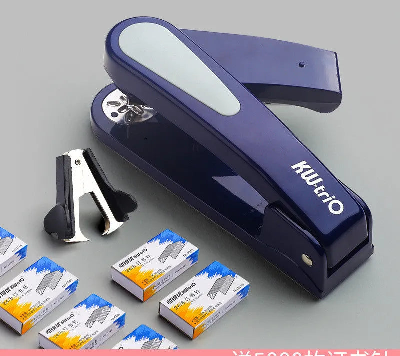 360-degree rotatable student stapler in multiple colours on a desk with paper